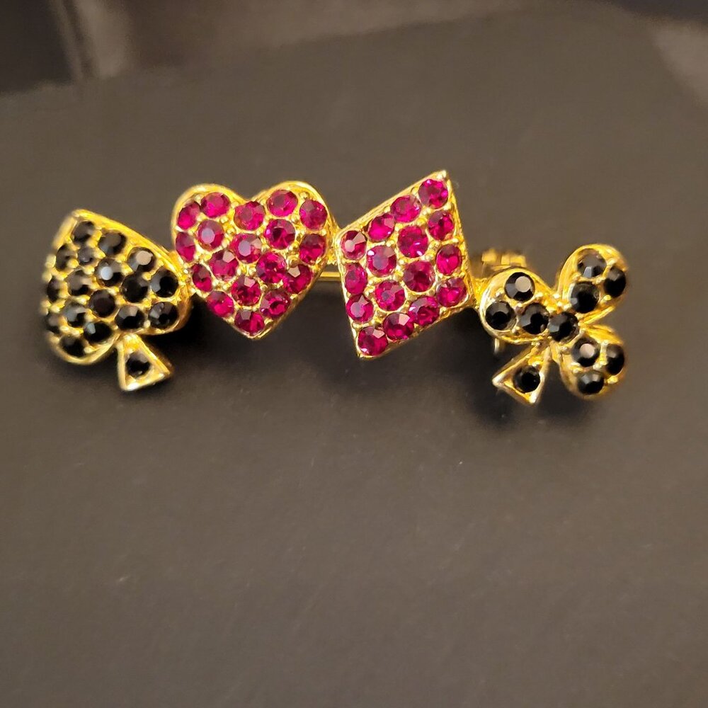 Playing Card Suit Brooch With Rhinestones Gold & Black
